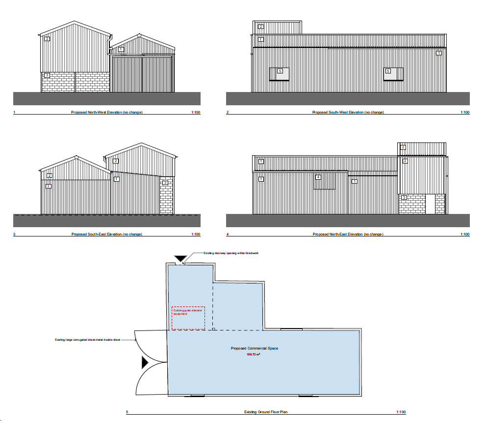 Architectural drawings showing four building elevations and a ground floor plan for a proposed commercial space at 1:100 scale.