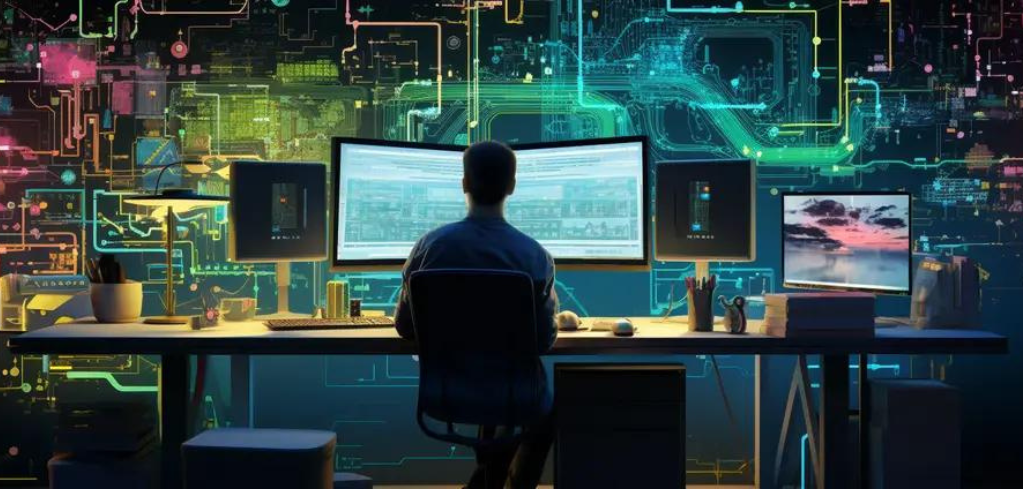 Person working at desk with multiple monitors against colorful digital circuit background in dark room.
