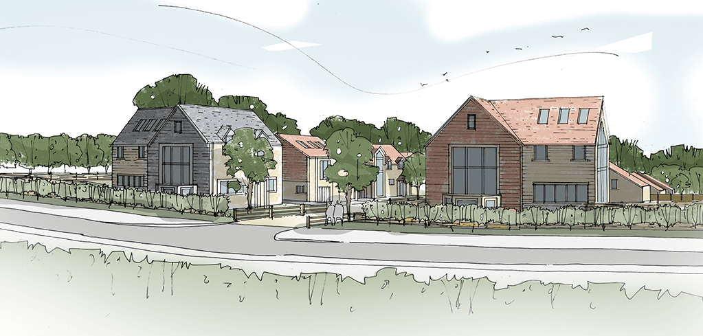 Architectural sketch of modern residential homes with wood cladding, surrounded by trees and greenery along a quiet road.