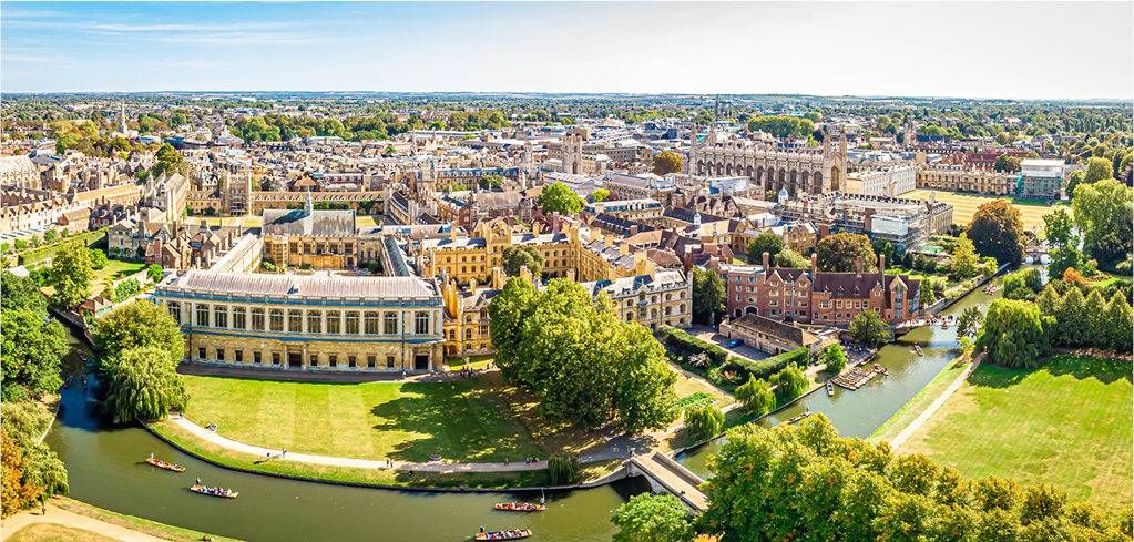 Aerial view of Cambridge University with historic buildings, green spaces, and punting boats on the river under blue sky.