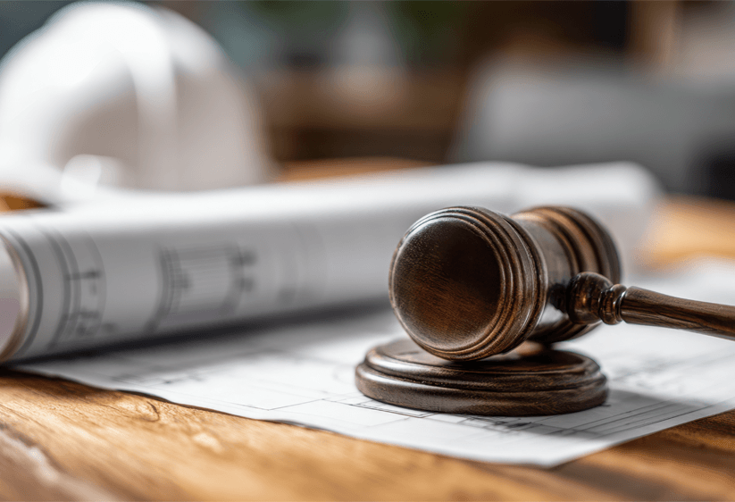 A wooden gavel rests on its sound block atop documents and blueprints, with a white hard hat blurred in the background.