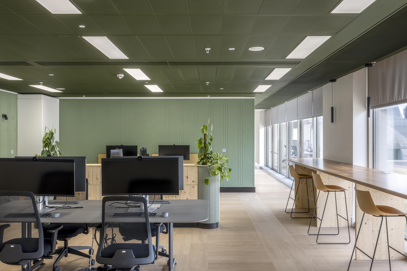 Modern office space with mint green walls, computer workstations, wooden bar seating by windows, and indoor plants.