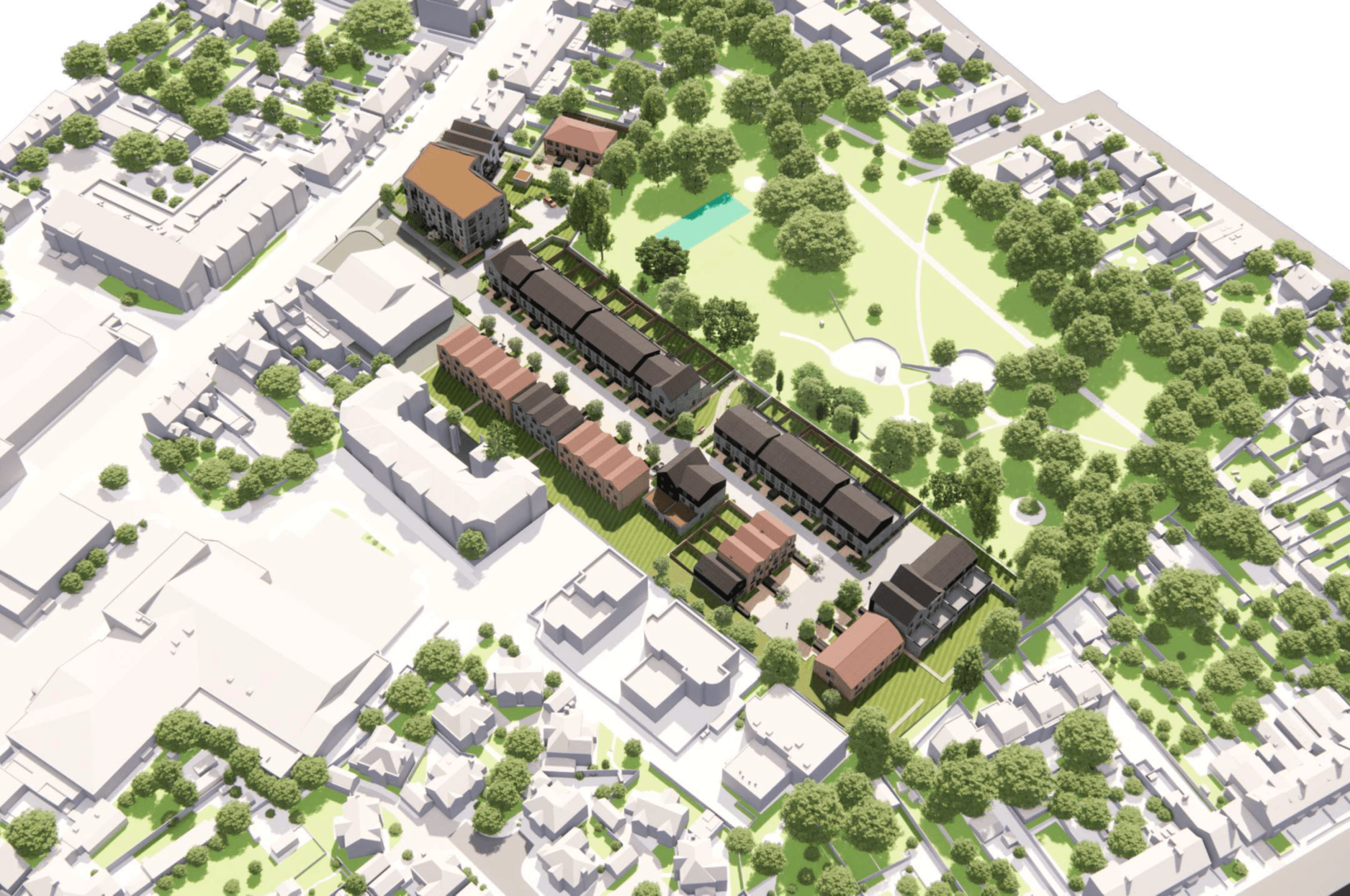 Aerial 3D architectural rendering of a mixed-use urban development with red-roofed buildings, green parkland, and surrounding neighborhoods.