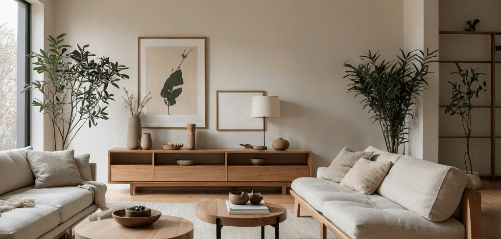 Minimalist living room with neutral tones, wood furniture, cream sofas, green plants, and botanical wall art.