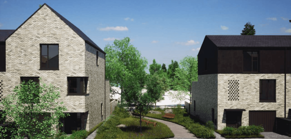 Rendered view of modern brick homes flanking a landscaped pathway with green trees and shrubs under a blue sky.