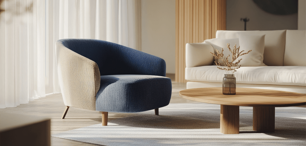 Modern living room with blue accent chair, wooden coffee table with dried flowers, and cream sofa in warm lighting.