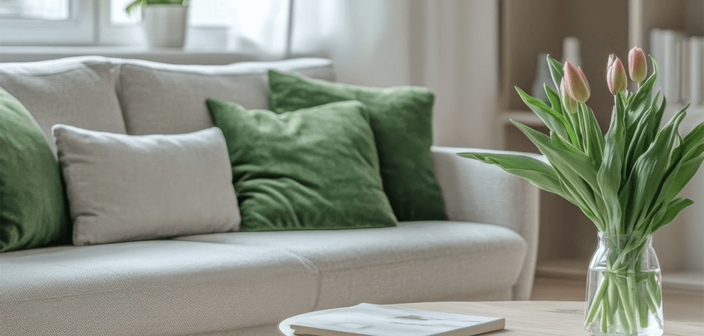 Cozy living room with beige sofa, green pillows, and pink tulips in a glass vase on a coffee table.