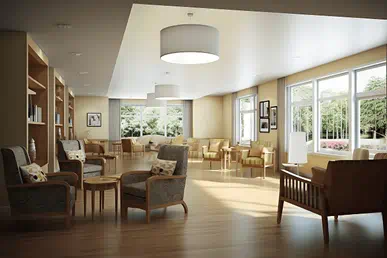This image showcases a bright and welcoming communal lounge designed for later‑living or assisted‑living residences. Featuring comfortable armchairs, warm wooden flooring, large windows with garden views, and soft neutral décor, the space creates a calm, homely environment. Thoughtful lighting, bookshelf displays, and cosy seating areas highlight comfort, community, and high‑quality residential care.
