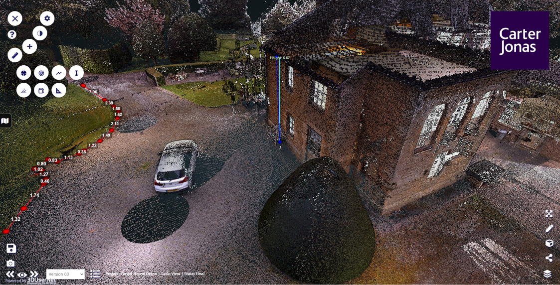3D point cloud scan of a brick building exterior with a parked car, measurement markers, and navigation controls visible.