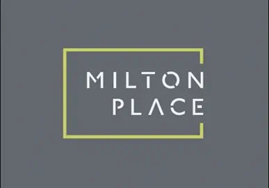 Logo for Milton Place featuring white text on a gray background with a lime green rectangular outline.