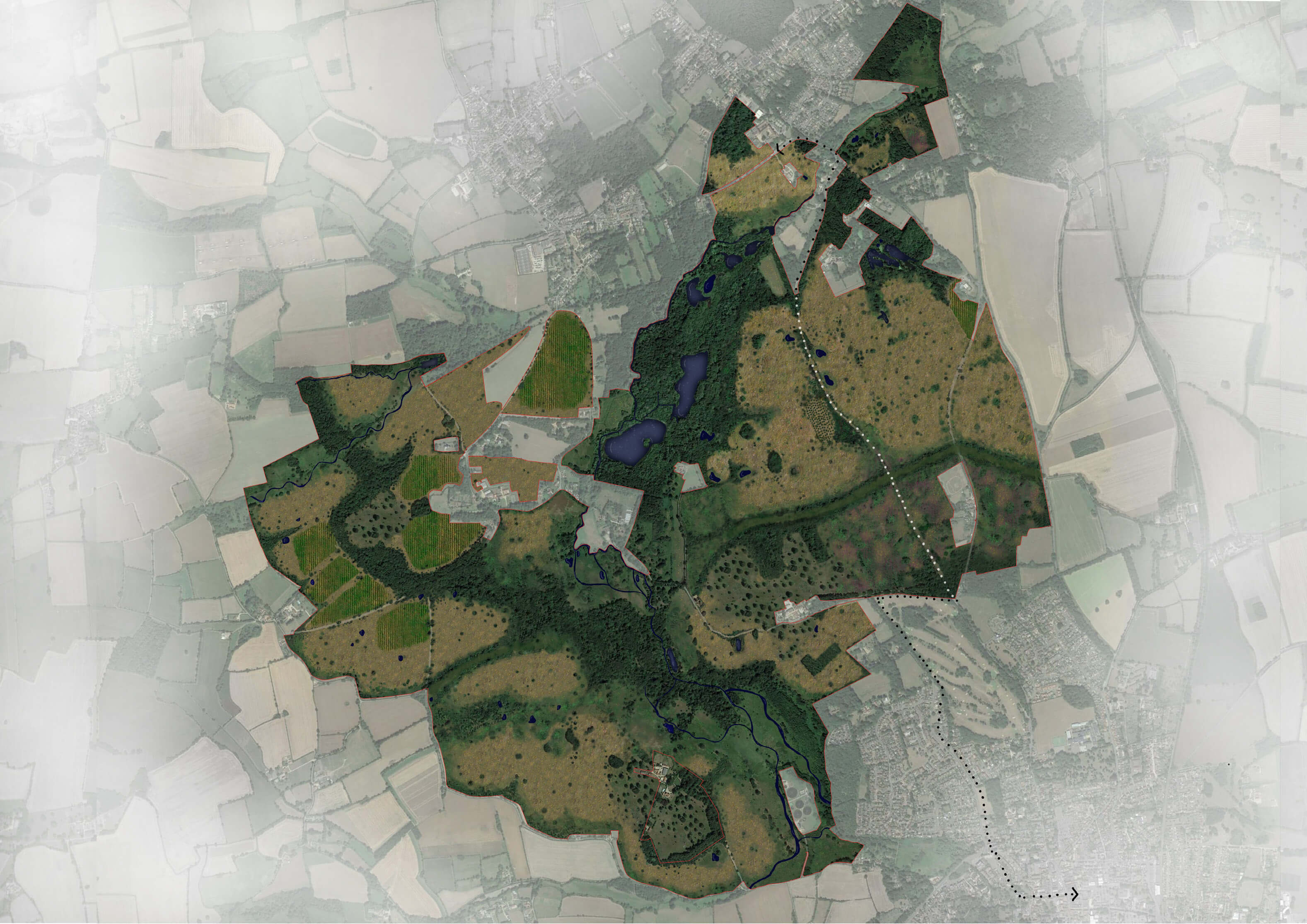 Aerial view of a land development area showing forests, fields, small lakes, and agricultural plots with surrounding countryside.