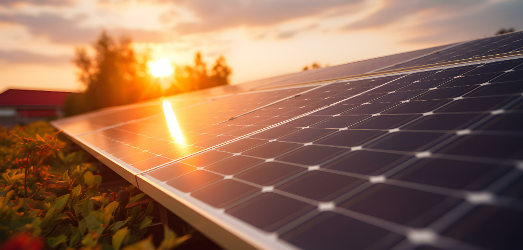 Solar panel reflecting sun rise