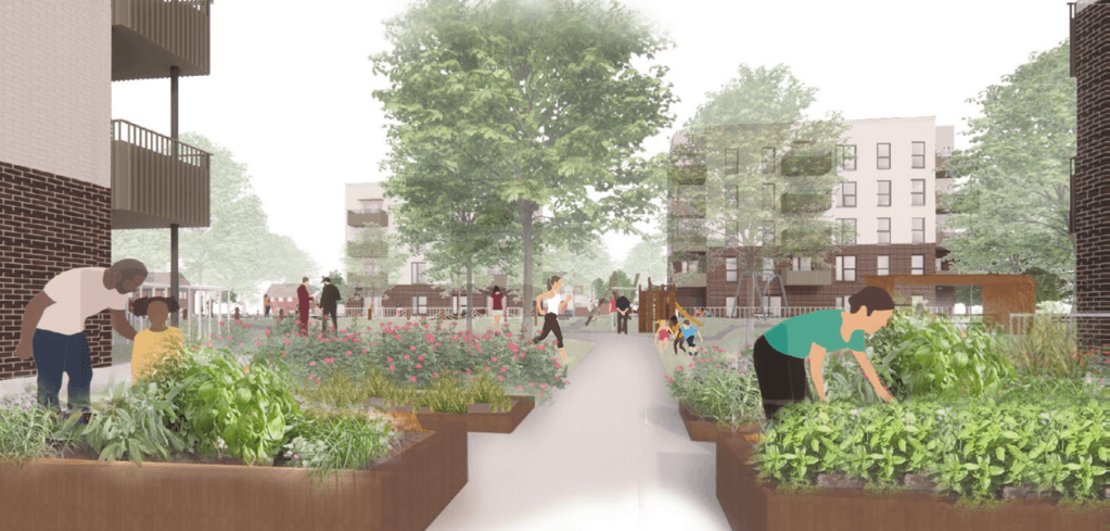Architectural rendering of a community garden with raised beds, people gardening, and residential buildings in the background.