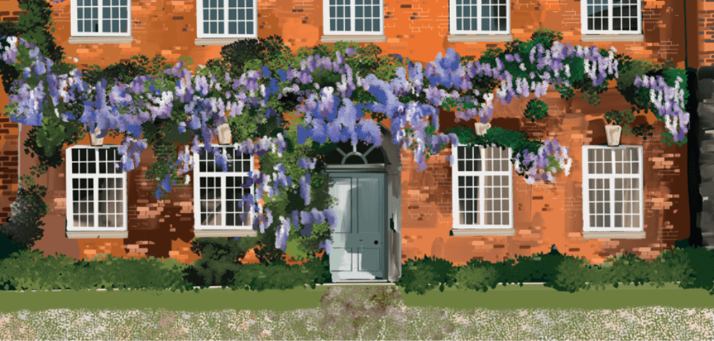 Illustrated red brick house facade with purple wisteria climbing the walls, a blue-gray arched door, and white-framed windows.