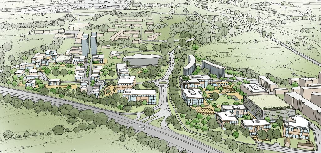 Aerial architectural sketch of a campus master plan with buildings, green spaces, pathways, and trees on a hillside setting.