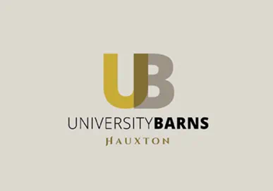 University Barns Hauxton logo featuring gold and gray UB letters on a beige background.