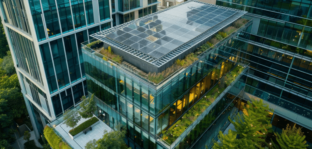 Modern glass office building with solar panels on roof and green terraces featuring plants and gardens.