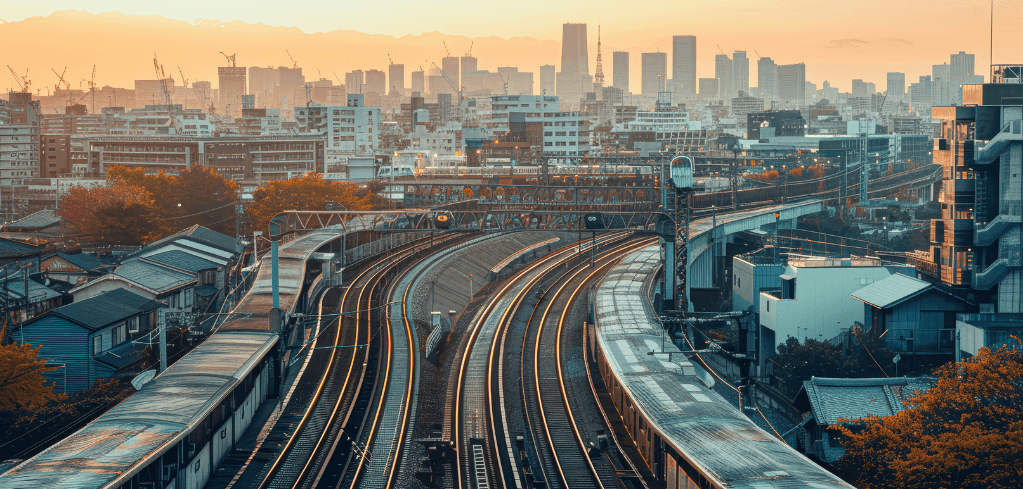 Curved railway tracks leading into a city skyline at sunset, with autumn trees and urban buildings in the foreground.