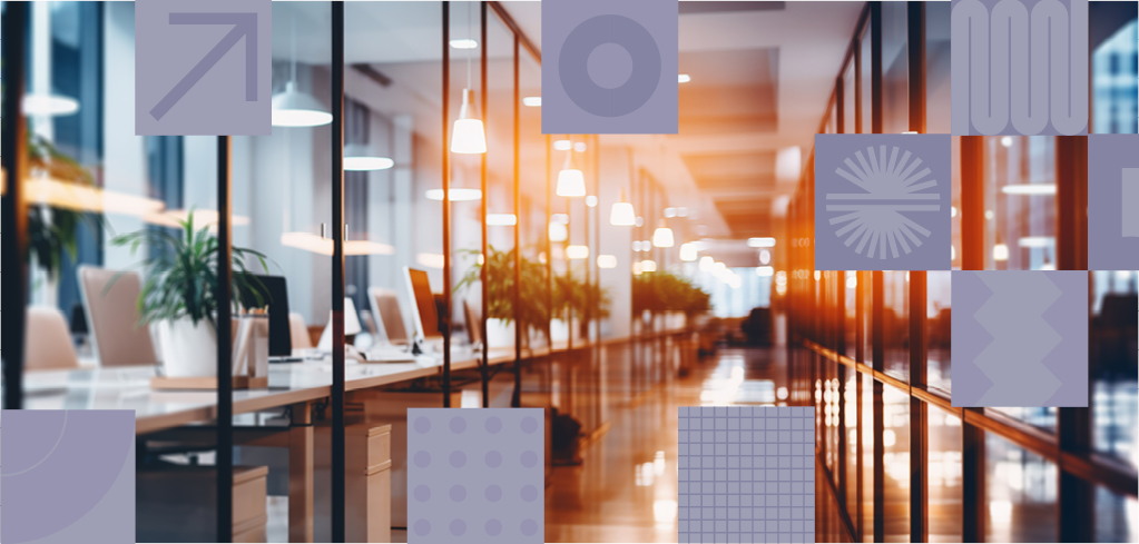 Modern office interior with glass partitions, warm lighting, and workstations with plants, overlaid with geometric design elements.