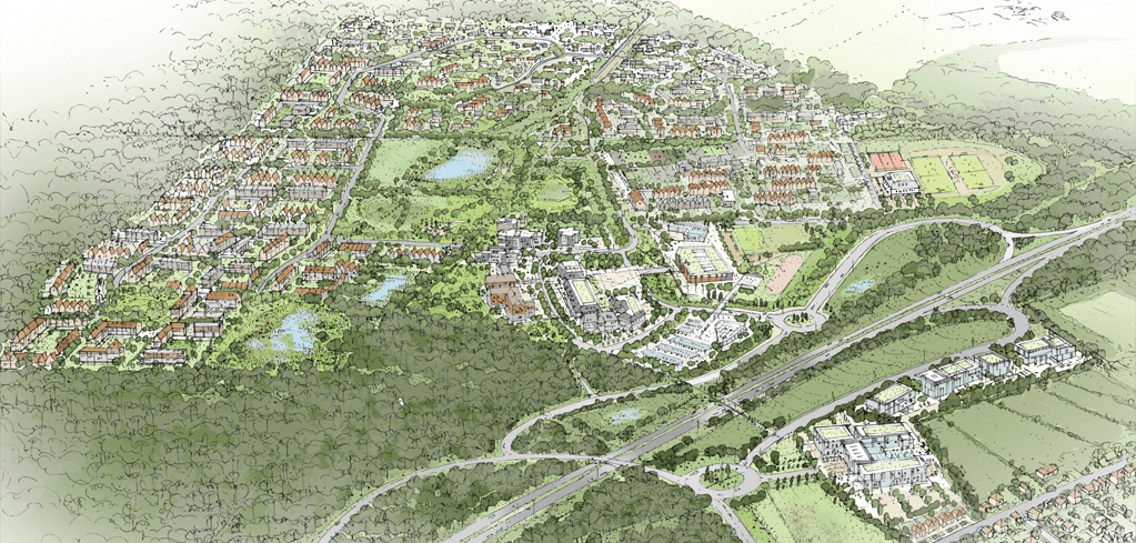 Aerial illustrated master plan of a mixed-use development with residential neighborhoods, green spaces, ponds, and roads.