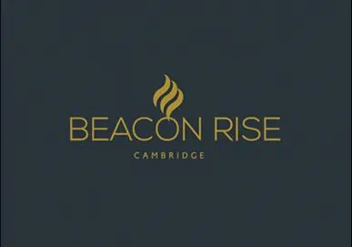 Gold "Beacon Rise Cambridge" logo with flame symbol on dark gray background.