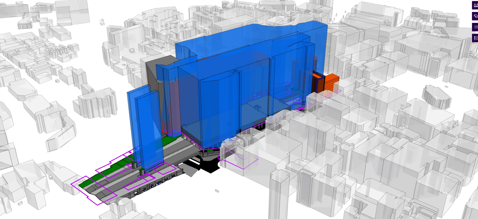 3D architectural rendering showing a blue transparent building structure among gray city blocks with purple outline elements below.