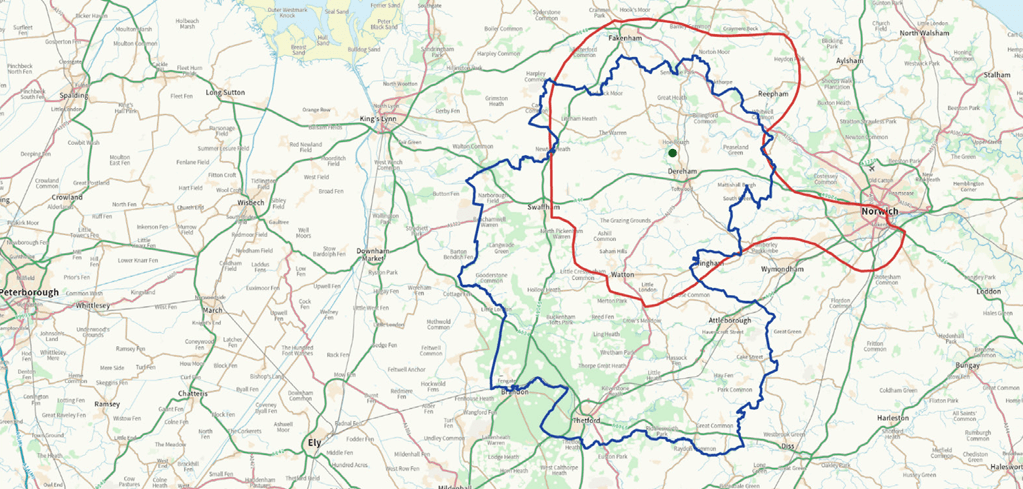 Map showing a blue route outline through Norfolk countryside, with Norwich visible in the northeast corner and red boundary lines.