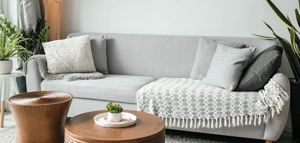 Light gray sofa with textured pillows and throw blanket, wooden coffee table, and potted plants in a cozy living room.