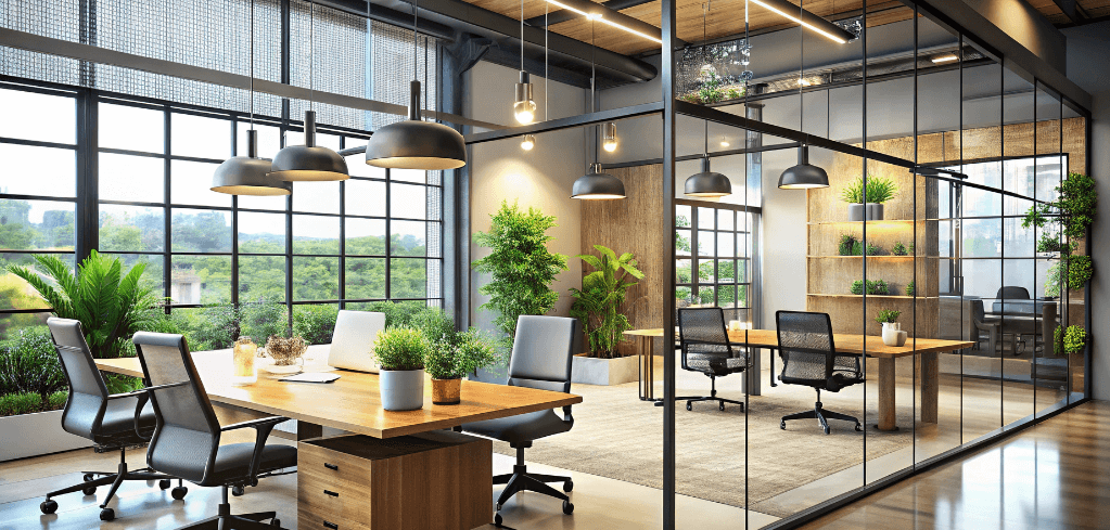 Modern office space with glass walls, wooden tables, hanging pendant lights, and abundant greenery near large windows.