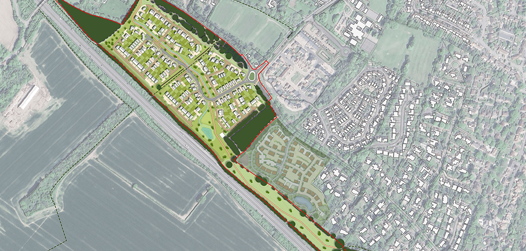 Urban planning map showing a red-outlined development zone near a road, adjacent to a residential area with buildings and green spaces.