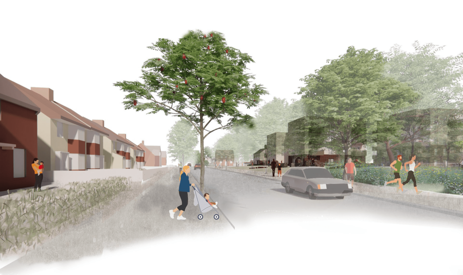 Architectural rendering of a community garden with raised planters, people gardening, a central pathway, trees, and residential buildings.