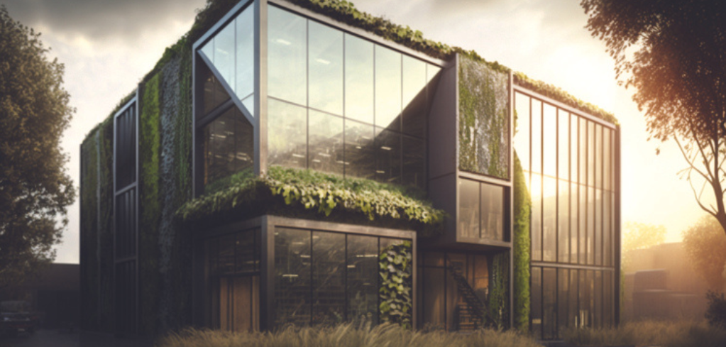 Modern sustainable building with glass walls and living green walls, illuminated by golden sunset light.