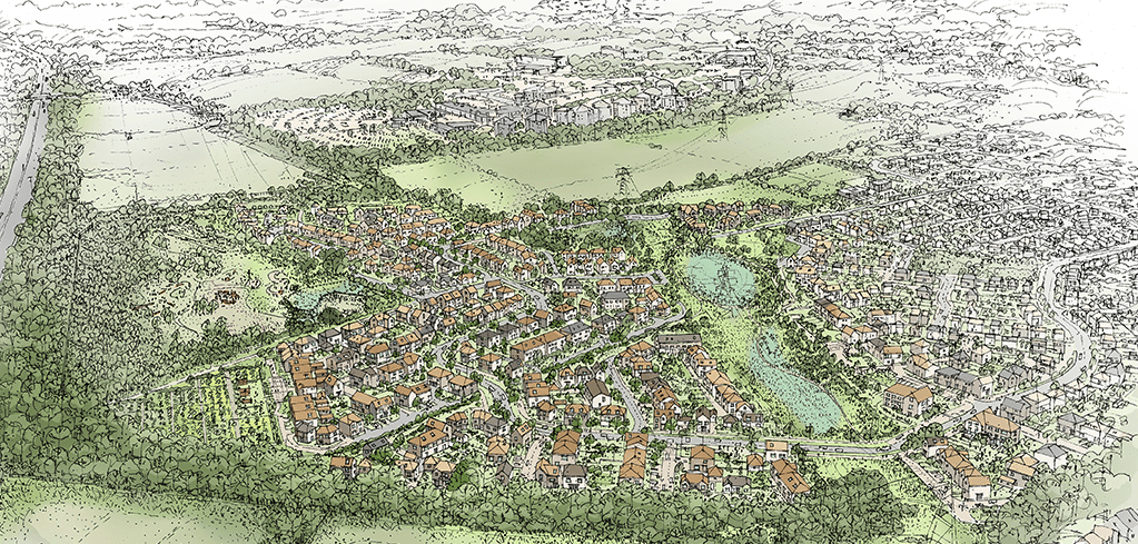 Aerial sketch illustration of a residential neighborhood with orange-roofed homes, green spaces, trees, and surrounding countryside.