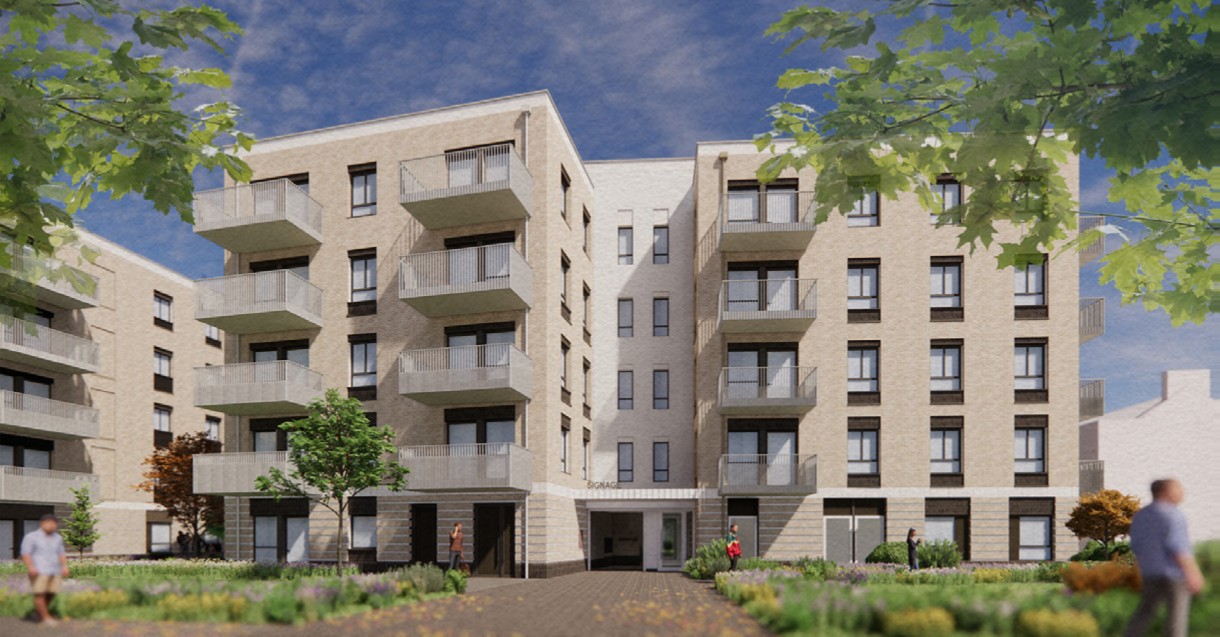 Architectural rendering of a modern beige multi-story apartment building with balconies, surrounded by trees and landscaped grounds.