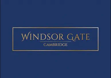 Gold text "WINDSOR GATE CAMBRIDGE" on dark blue background with elegant rectangular border.