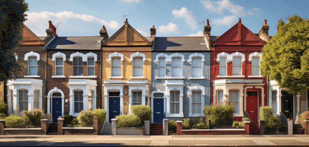 Row of colorful Victorian terraced houses with white-trimmed windows and small front gardens under a blue sky.