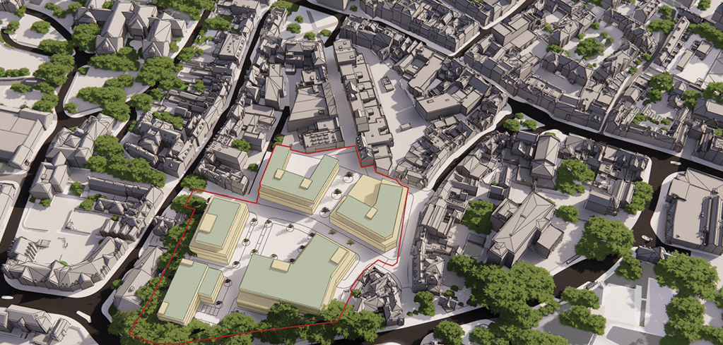 3D architectural urban model showing proposed buildings with green roofs outlined in red among existing city structures.