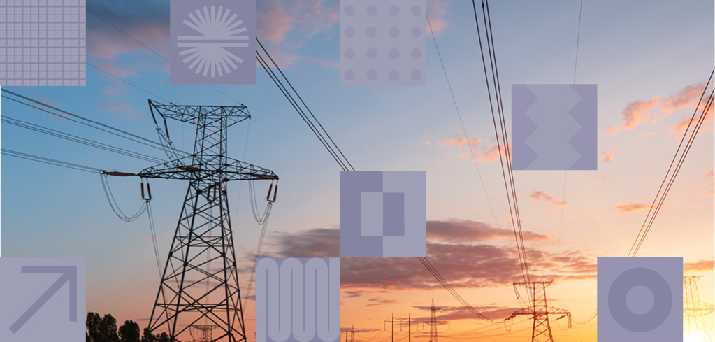 Electrical transmission towers and power lines silhouetted against a sunset sky with abstract geometric overlays.