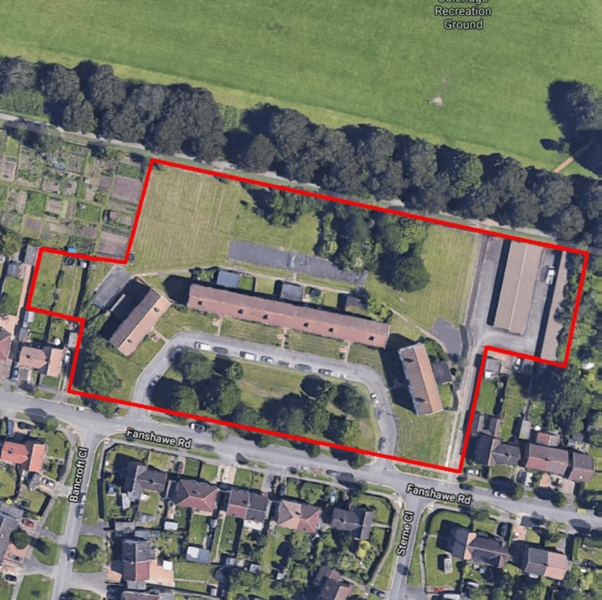 Aerial map showing a red outlined boundary near Fanshawe Road, with buildings, green spaces, and a recreation ground nearby.