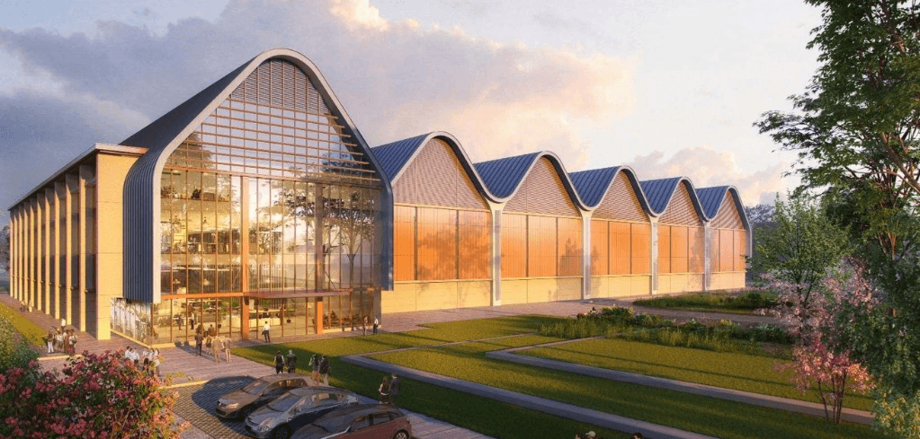 Architectural rendering of a modern building with wave-shaped blue roofs, large glass facade, warm lighting, and landscaped grounds at sunset.