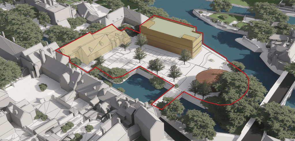 3D architectural site plan with a red boundary outlining proposed buildings near a river, surrounded by trees and gray structures.