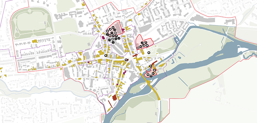 3D architectural site plan with a red boundary outlining proposed buildings near a river, surrounded by trees and gray structures.