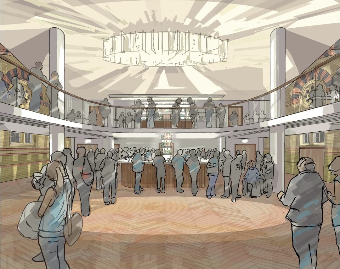 Architectural sketch of a grand two-story bar venue with a chandelier, herringbone floor, and crowds of people socializing.