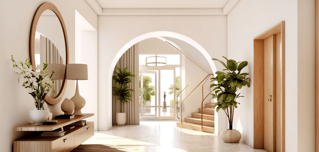 Modern entryway with arched doorway, round mirror, wooden console table, potted plants, and staircase in neutral tones.