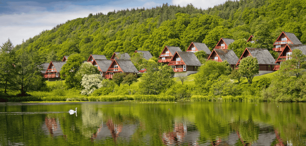 Red wooden cabins nestled on a green hillside with a swan swimming in the calm lake reflecting the cottages.