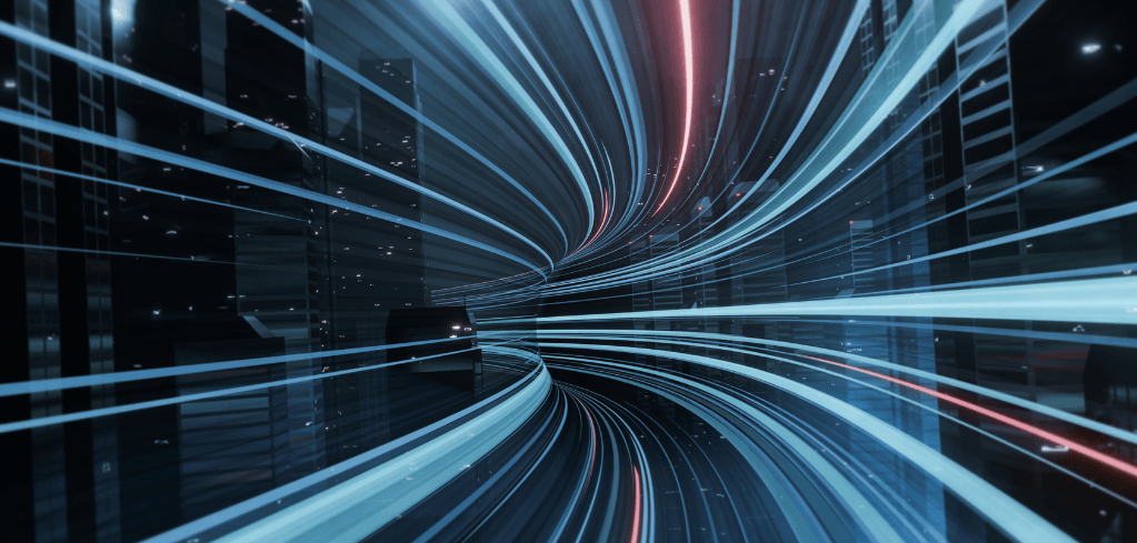 Abstract digital tunnel with swirling blue and red light streaks curving into a dark vanishing point, evoking speed and technology.