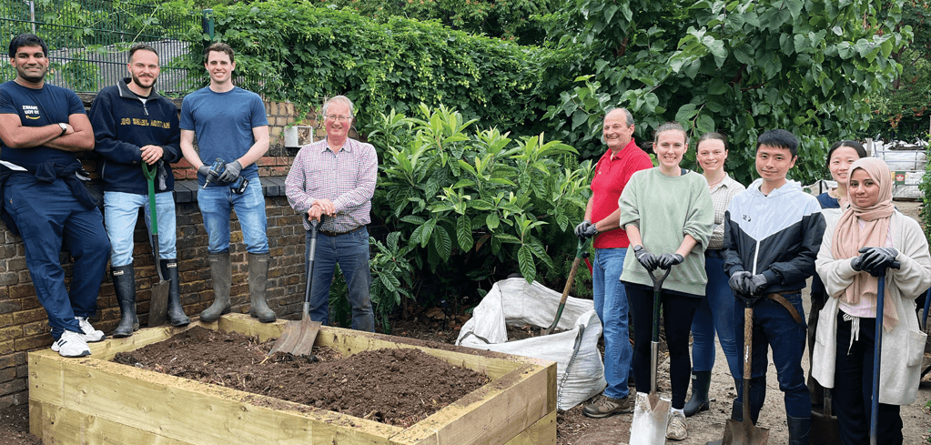 Group of diverse volunteers working on a community garden project with raised wooden beds surrounded by lush greenery.
