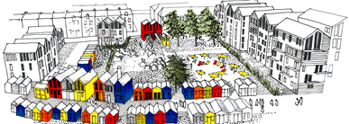 A hand‑drawn architectural illustration of a neighbourhood layout featuring residential buildings, clustered small houses in bright colours, central green spaces, and pedestrian areas.