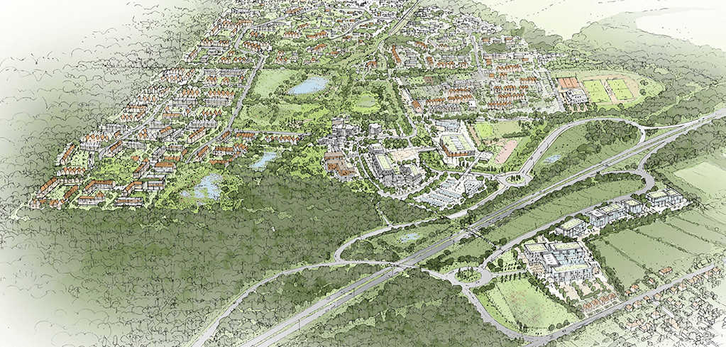 Aerial illustrated master plan of a mixed-use development with homes, green spaces, ponds, roads, and commercial buildings.