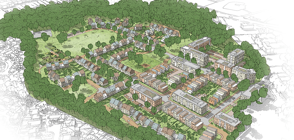Aerial illustrated masterplan of a mixed-use residential development surrounded by green trees, showing homes, streets, and open spaces.